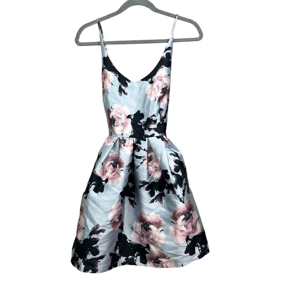 Comme USA Womens Floral Dress Spaghetti Cross Straps Pleated Blue Pink Sz L*